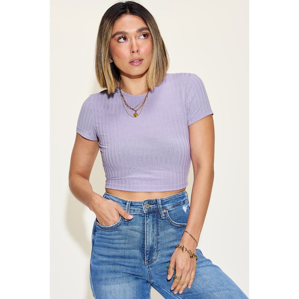BASIC BAE Lavender Ribbed Round Neck Short Sleeve Cropped T-Shirt MISSES NEW